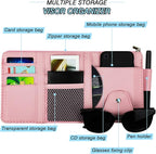 Car Sun Visor Organizer, Leather Pocket Organizer Sunglass Holder for Car Interior Accessories with Multi-Pocket Net Zipper, Pink