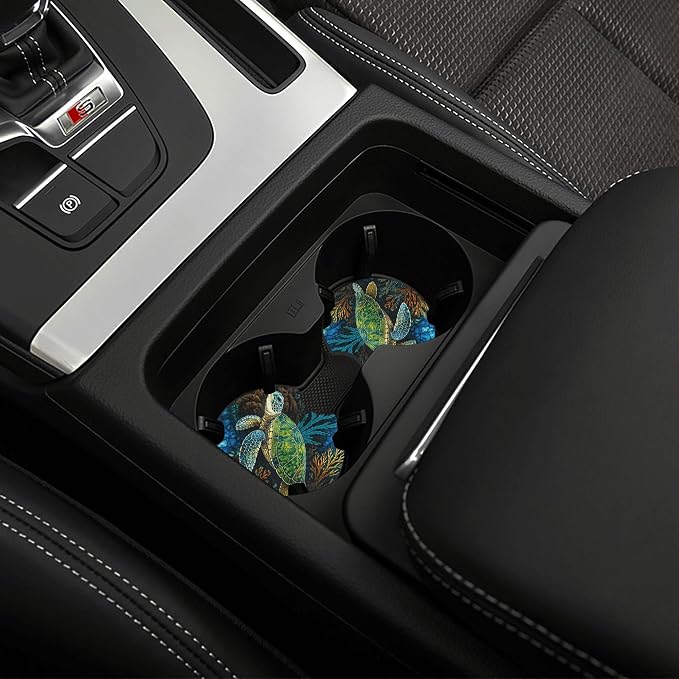 Sea Turtle 3-Pc Car Set : Steering Wheel Cover + 2 Cup Coasters | neoprene Non-Slip, Breathable Elasticity Universal Fit 14.5-15.6 Inch for Cars/Trucks/SUV - Car Interior Decoration