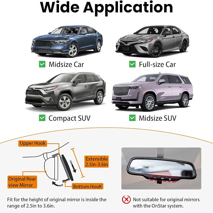 Panoramic Rear View Mirror 12 Inch Chrome Anti-glare for Car SUV | Universal Convex Clip on Large Rear Mirrors Car Interior Extra Big Wide Angle Rearview Mirror Extender to Reduce Blind Spot
