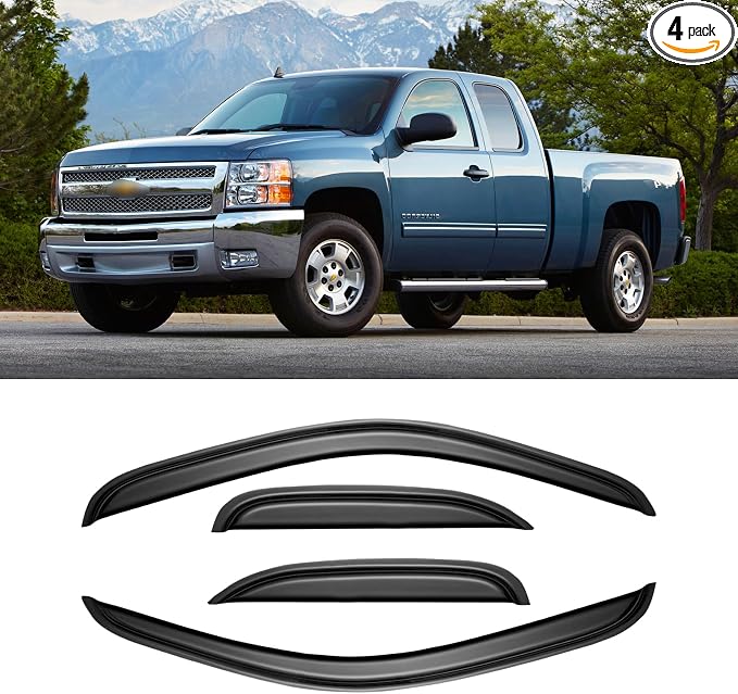 Window Rain Guards for 2007-2013 Chevy Silverado & GMC Sierra 1500 for Extended Cab, Window Visor Vent Wind Shade Deflector Shield Protector Sun for 07-14 Silverado & Sierra 2500 HD/ 3500 HD, Tape-on