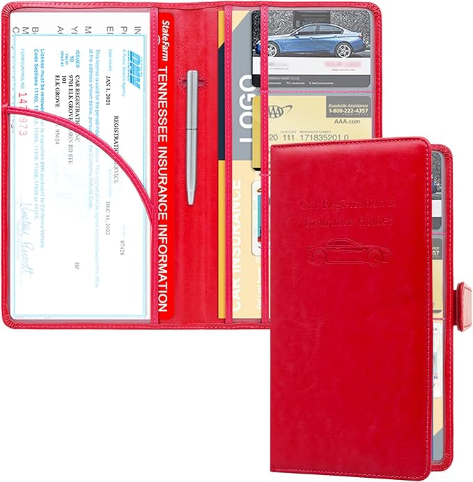 Car Registration and Insurance Holder, Leather Car Glove Box Organizer, Cool Car Accessories for ID, Driver's License Cards & Essential Document, Men&Women, Red