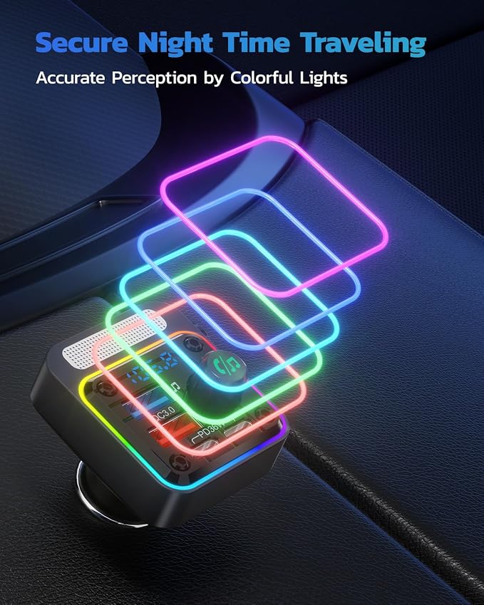 54W Bluetooth 5.3 Car Adapter Charger 4-Port Fast Charging [PD36W & QC3.0 18W], Wireless Radio FM Transmitter with Deep Bass Player, 5 Colors LED Backlit, Hands-Free Calling, Support USB Drive