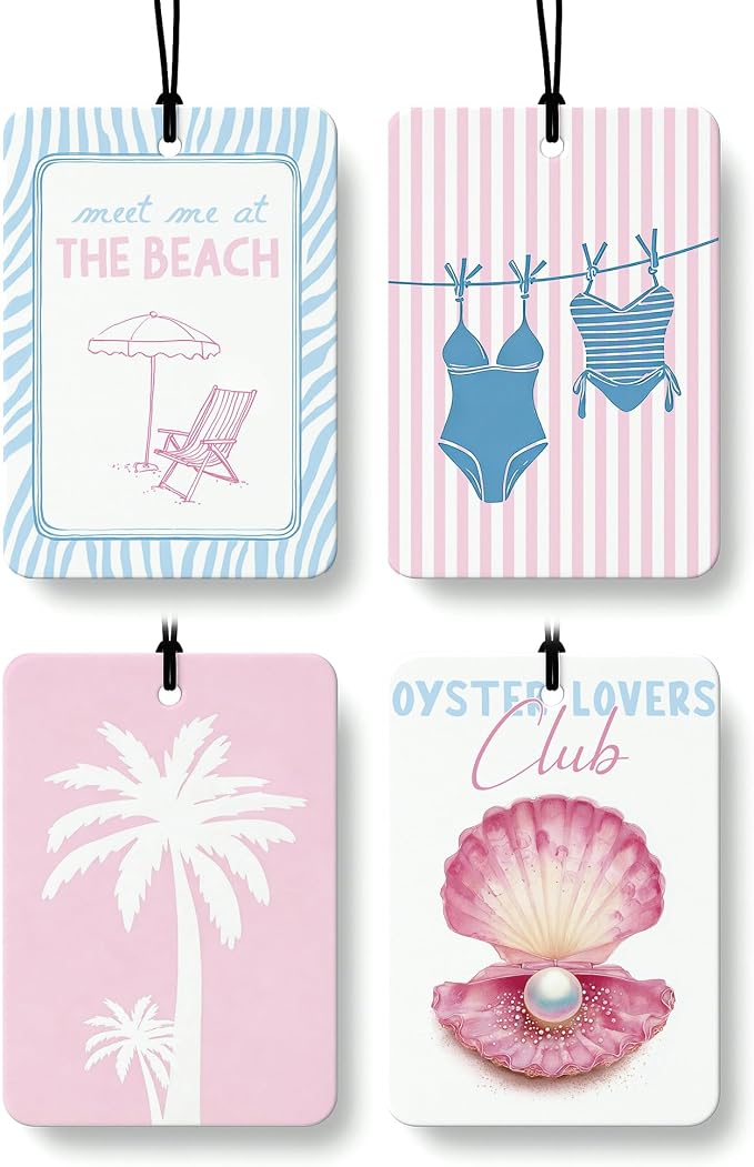 Pink and Blue Beach Car Air Freshener 4 Pcs Coconut Scented, Coastal Bikini Pearl Shell Car Accessories Mirror Decor for Women, Girly Beachy Hanging Air Freshener for Cars Closet Drawer Books