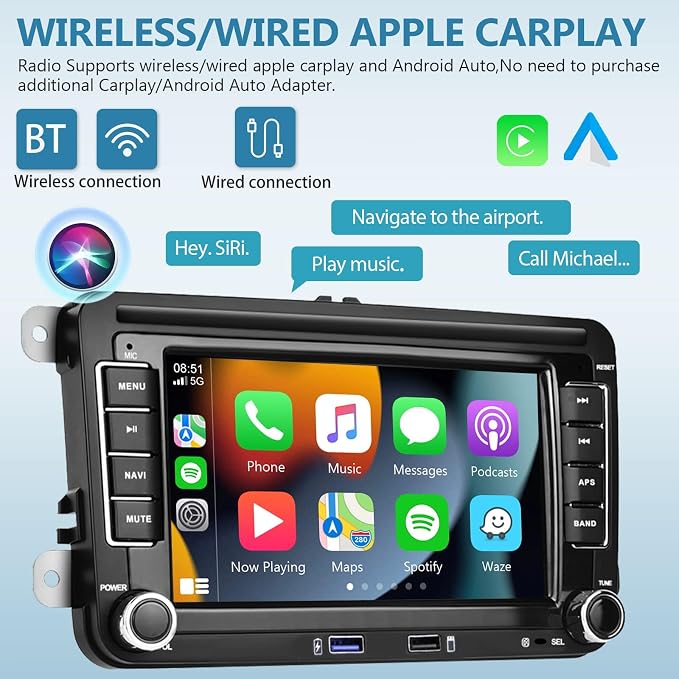 2G+64G Android for VW Jetta Seat Passat Tiguan CC Golf Skoda Double Din Car Stereo with Wireless Carplay/Android Auto 7 Inch HD Touchscreen Head Unit