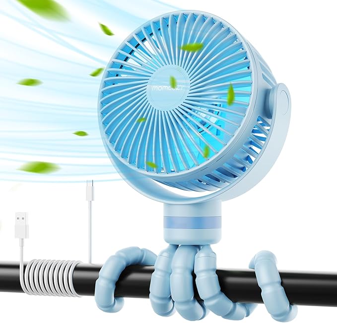 8000mAh Portable Stroller Fan, 27H Ultra-long Battery Life Detachable 4 Speed 360°Rotate LED Night Light with 2 Modes, USB Rechargeable Handheld Cooling Fan for Travel/Car Seat/Bedroom