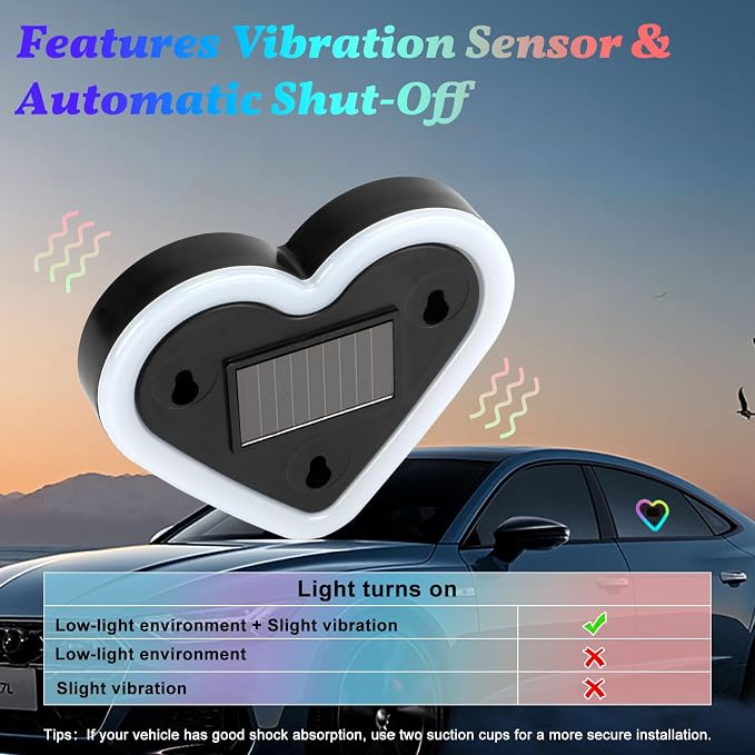 Upgrade Car Light LED Ambient Lights Heart Solar Lights Solar-Powered Heart-Shaped Neon Lights for Car Window Decorative 5 Modes Interior Outdoor Decor (Rainbow-2Pcs)