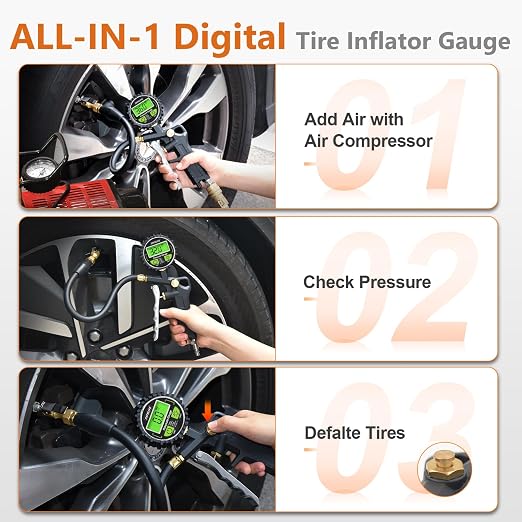 Digital Tire Pressure Gauge with Inflator, 250 PSI Air Chuck with Pressure Gauge and Air Compressor Tire Inflator Attachment Include Quick Connect Coupler, 0.1 Display Resolution