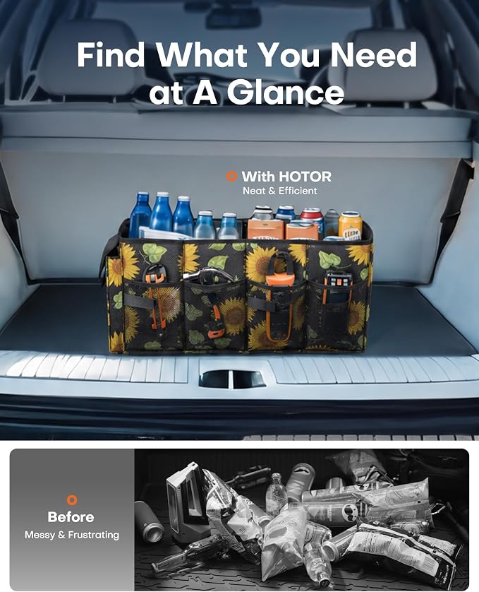 Trunk Organizer - Car Organizer, Foldable Trunk organizer for SUVs & Sedans, Sturdy Car Organization for Car Accessories, Tools, Sundries, Sunflower, 2 Compartments, 21.3"×12.6"×10.6"