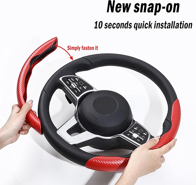 2Pc Carbon Fiber Steering Wheel Cover Universal Fit 99% Cars | Non-slip soft grip, easy to wipe clean, quick to install, perfect for daily commutes and road trips, Red