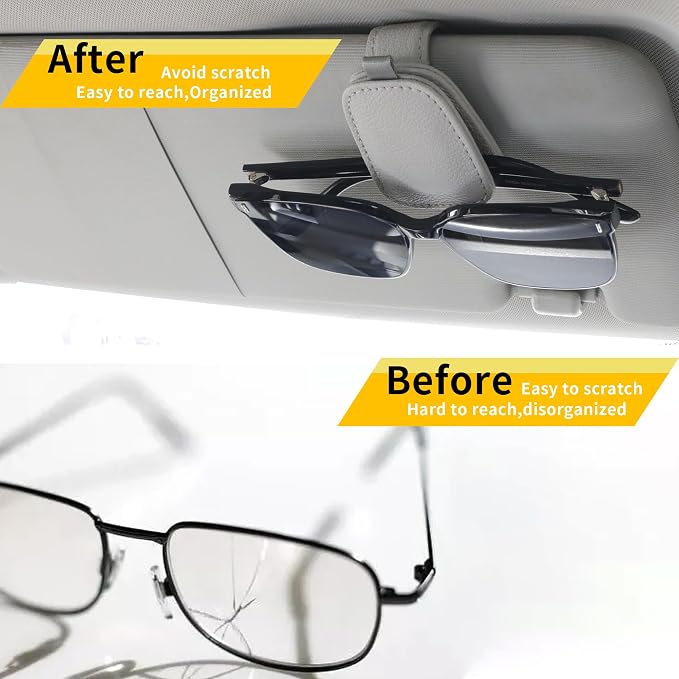 Magnetic Leather Sunglasses Holder for Car, 2 Packs (Silver Grey) | Magnetic Car Visor Accessories