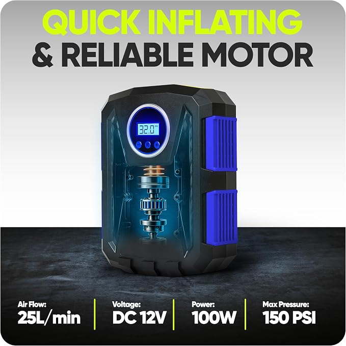 Tire Inflator Portable Air Compressor, Air Pump for Car Tires and Bikes, Car Tire Pump w/Auto Shut Off, 150 PSI, 12V DC, LED Light, Carrying Case, Perfect For Men, Women