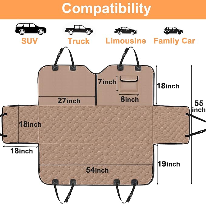 Back Seat Pet Cover for Dogs, 2026 Upgraded 600D Heavy Duty Waterproof & Scratch-Resistant Dog Hammock for Car, Car Cover for Dogs with Sedan, Trucks and SUVs, Standard, Khaki