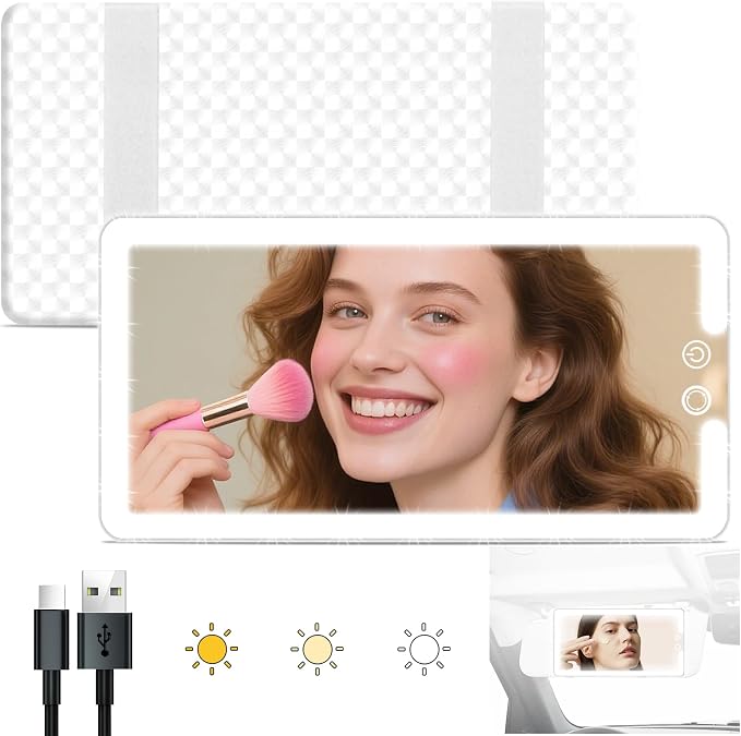 Car Sun Visor Vanity Mirror with Lights, Rechargeable LED Car Visor Makeup Mirror with 3 Color Dimmable Lights - Universal Accessories for Cars, SUVs, Trucks (White)