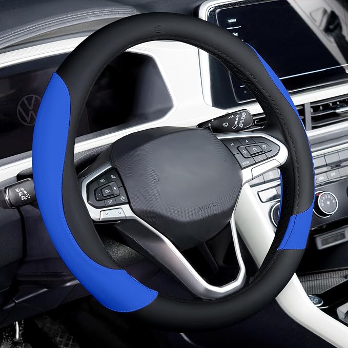 Coverado Car Steering Wheel Cover, Nappa Leather Black & Blue Steering Wheel Covers for Women, Universal 14-15 inch, Anti-Slip, Breathable Steering Wheel Protector