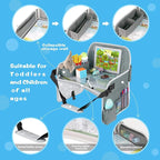 Kids Travel Tray for Toddler Car Seat, Toddler Gift for Boy | Road Trip Essentials Accessories Lap Tray with Dry Erase Board, iPad Holder Stand & Cooler Cup Holder as Birthday Gift, Grey