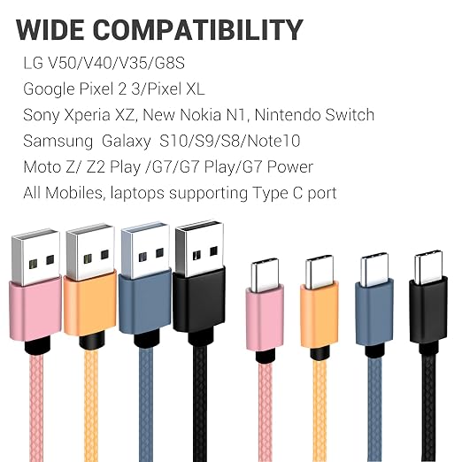 USB C Cable 1ft 4-Pack, 3A Fast Charging USB A to USB C Cord Nylon Braided Compatible with Samsung Galaxy A10e A20 A20S A51, S20 S10 S9 S8, Note 10 9 8, Moto G7 G8,Pixel 3, LG V30…