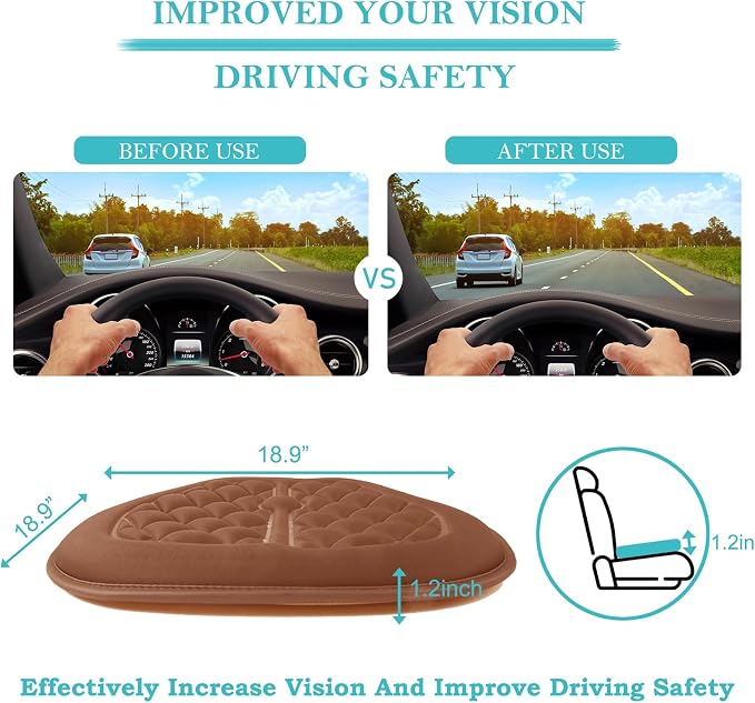 Car Seat Cushion, Comfort Memory Foam Driver Seat Cushion Improve Driving View, Sciatica and Lower Back Pain Relief, Thick Seat Cushions for Car Home Office Chair, Wheelchair - Brown