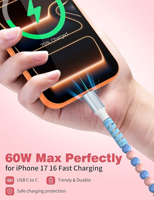 USB A to USB C Cable 3FT,Beaded Charger Cord for iPhone 17 16 Pro Max 16e 15 Car play,Cute TypeC Car Charger Charging Cord for iPad 10 11th/Samsung S26 S25 S24/Pixel/Android Phone Girls Women,PinkBlue