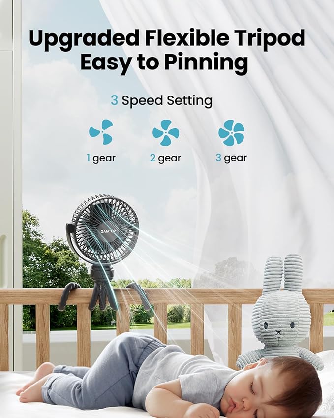 Mini Portable Stroller Fan, Battery Operated Small Clip on, Detachable 3 Speed Rechargeable, 360° Rotate Flexible Tripod Better Cooling for Car Seat Crib Treadmill Travel Black