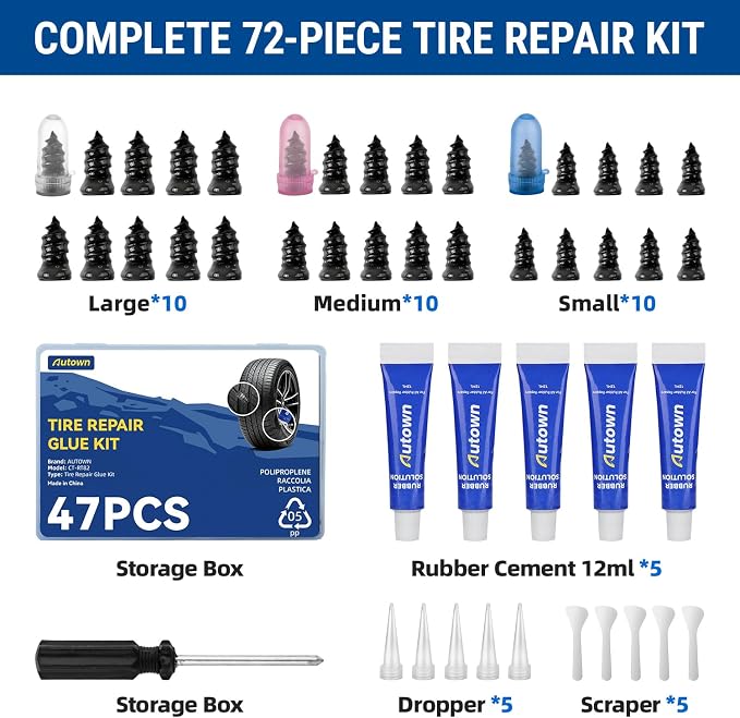47PCS Tire Repair Rubber Nail Kit - Complete Screw Plug Kit with Glue, Fast Fix for Flat Tires on Car, Truck, Motorcycle, SUV & More