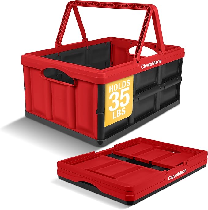 Collapsible Shopping Basket 32L – Folding Grocery Basket with Handles, Stackable Reusable Storage Crate with 35 lb Capacity, Recycled Plastic, Car Trunk Organizer - Red