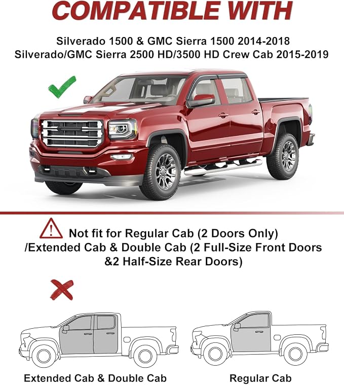 Outside-Mount Window Rain Guards for 2014-2018 Chevy Silverado/GMC Sierra 1500 Crew Cab & 15-19 Silverado/Sierra 2500HD 3500HD, Window Visors Deflector Dark Smoke Vent Shades Car 4-pcs