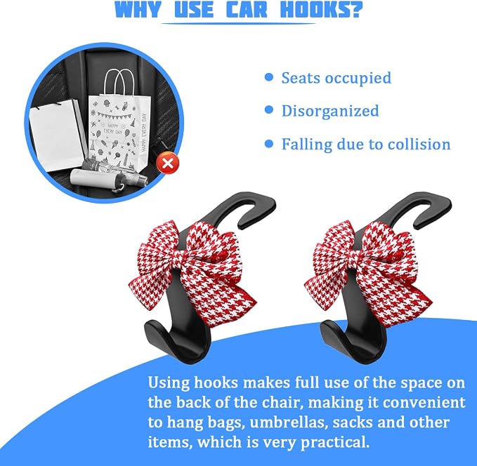 2PCS Car Seat Headrest Hooks, Cute Bow Vehicle Backseat Storage Hanger for Handbag Umbrella Coat, Automotive Seat Back Hook Holder Organizer Decor, Universal for Vehicles (Red Houndstooth)