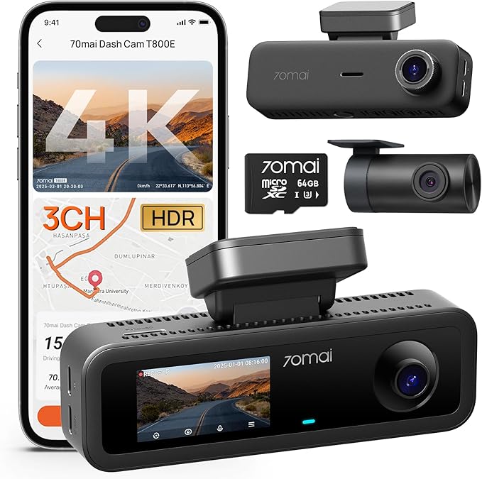 4K Dash Cam Front and Rear Inside, 3 Channel Car Dash Camera for Cars, Dashcam with GPS, Wi-Fi 6, Voice Control, Parking Monitor, Night Vision, Loop Recording, 64GB SD Card Included (T800E)