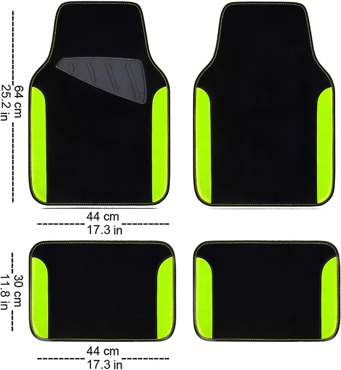 Fluorescent Leather & Waterproof Car Carpet Floor Mats, Universal Car Mats Fit for SUV,Vans,sedans, Trucks,Set of 4pcs Car Carpet with Anti-Slip nibbs Driver Heel Pad (Black Green Lime)