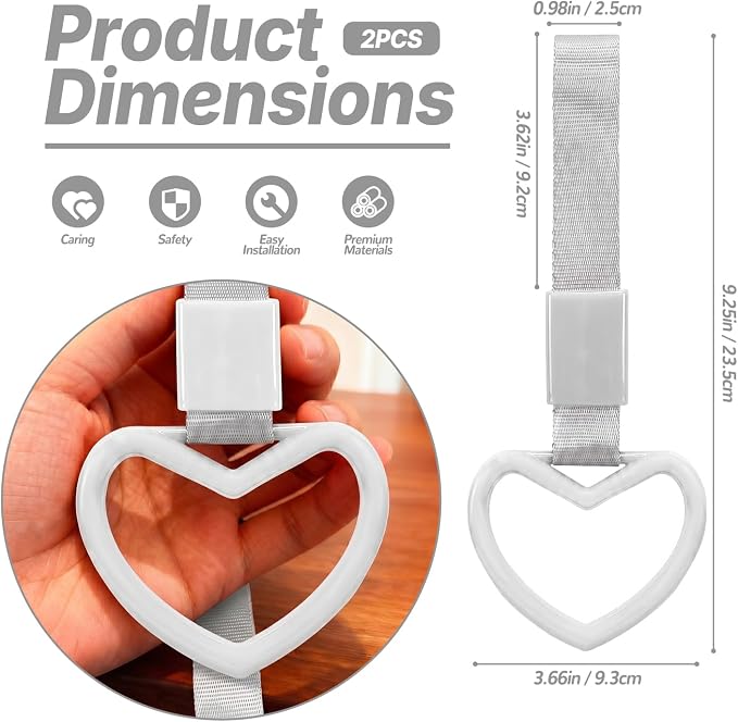 2 Pcs Heart Shaped Car Handle Strap – JD M Drift Charm Rear Bumper Warning Ring Decor for Car Interior Exterior, Subway Bus Handle Accessory, Cute Heart Car Decor Gift for Drivers (White-Silver)