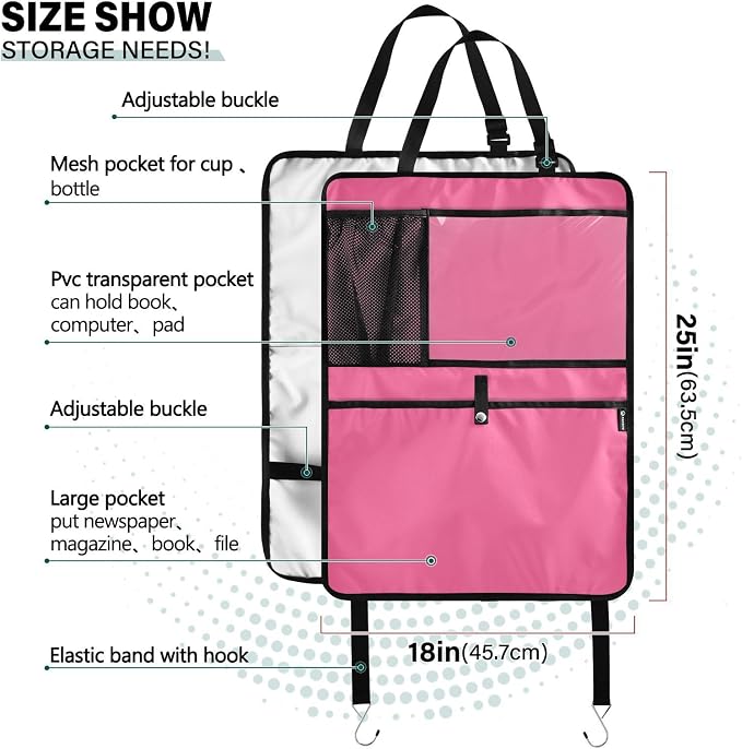 Neon Pink Car Seat Organizer for Kids Backseat Kick Mat with Adjustable Strap Seat Back Cover for Cars SUV Vehicle 2 Pcs