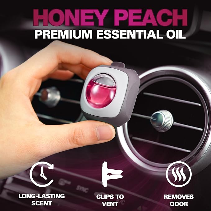 Honey Peach Scent Pink Car Air Freshener Vent Clip 6 Ct | Long Lasting Up to 180 days, Natural Essential Oil Car Fragrance for Women and Men, Odor Eliminator - 4ml Each