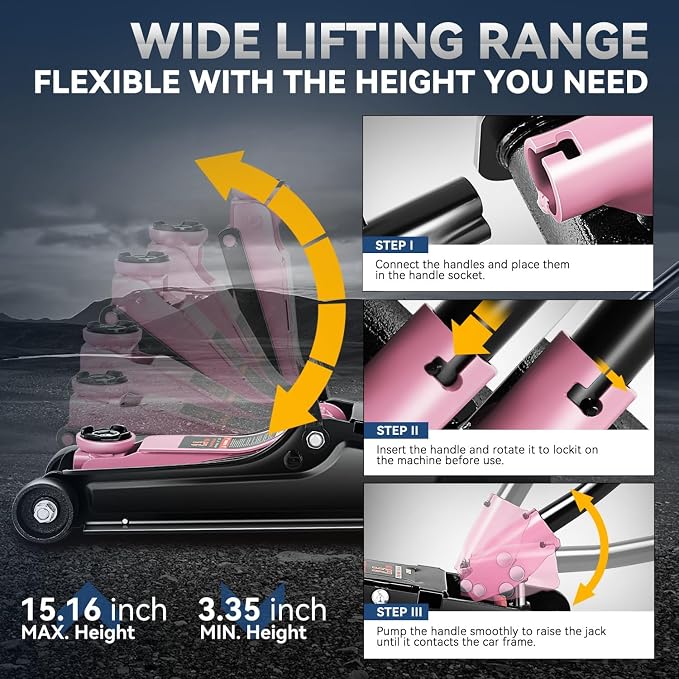 2.5 Ton Low Profile Floor Jack, Heavy Duty Steel Hydraulic Car Jack with Single Pistons Quick Lift Pump, Hydraulic Racing Floor Jack, Lifting Range 3.35" to 15", Pink
