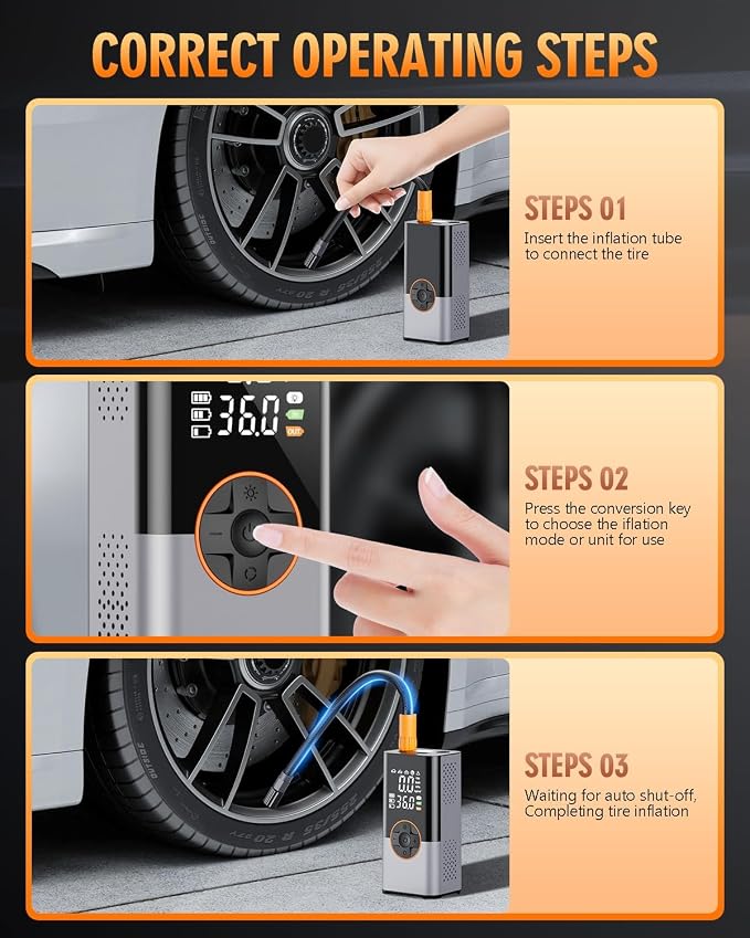 Tire Inflator Portable Air Compressor, Cordless Tire Pump with LED Super Bright Light for Car, Bicycle, Motorcycle