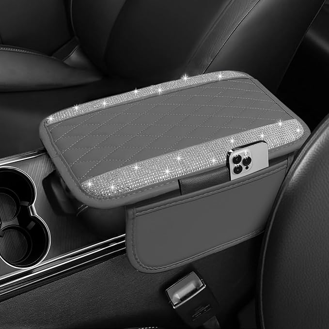 Bling Grey Car Center Console Cover, Leather Car Arm Rest Cover with 2 Storage Bags, Universal Auto Armrest Protector Storage Box, Bling Accessories Interior for Most Vehicles