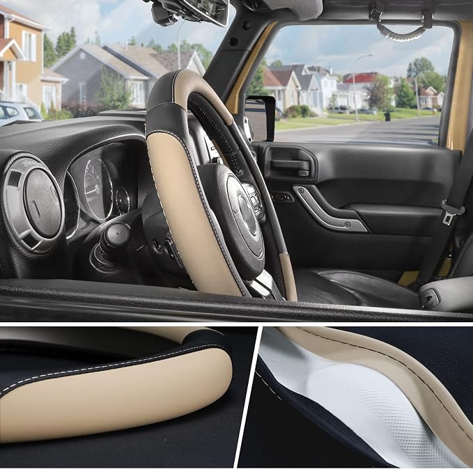 Car Steering Wheel Cover Large-Size for F150 F250 F350 Ram 4Runner Tacoma Tundra Range Rover with 15 1/2 inches-16 inches Outer Diameter, Black and Beige Microfiber Leather