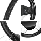 Genuine Leather Steering Wheel Cover, Stitch On Wrap, 15 Inch Steering Wheel Wrap for Car Truck SUV Pickup Boat, DIY Sewing with Needle Thread, Black