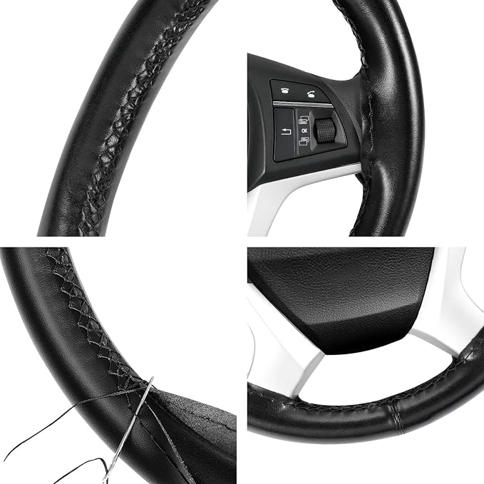 Genuine Leather Steering Wheel Cover, Stitch On Wrap, 15 Inch Steering Wheel Wrap for Car Truck SUV Pickup Boat, DIY Sewing with Needle Thread, Black
