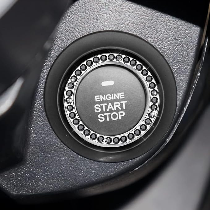 Bling Car Engine Start Ring Decals, 2PCS Crystal Rhinestone Vehicle Push Start Button Cover Sticker, Key Ignition Knob Ring, Sparkling Automotive Interior Accessories (Black)