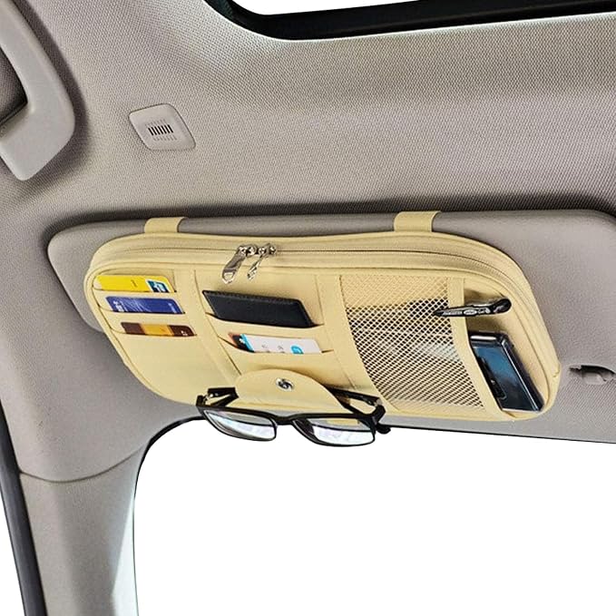 Car Sun Visor Organizer, Multi-Pocket Visor Organizer Storage Pouch for Cars, SUVs & Trucks with Double Zippers, Elastic Bands & Glasses Clip- Organizes Essentials Keep Tidy (Beige Light Yellow)