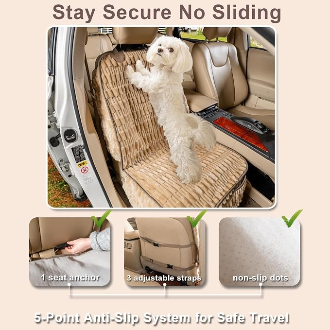 Dog Car Seat Cover for Front Seat, Soft Plush Waterproof Pet Protector with Non-Slip Bottom, Full Coverage with Side Flaps, Against Hair, Dirt and Scratches for SUVs and Trucks (Tan, Front)