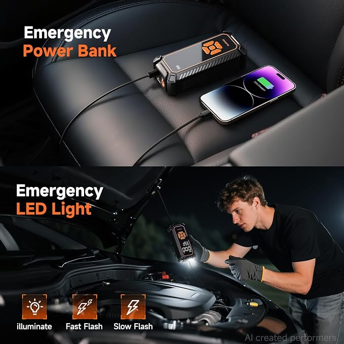 Tire Inflator Portable Air Compressor, Dual Power - 6000mAh & 12V DC, Cordless Air Pump for Car Tires, Bikes, Motorcycle, Balls with LED & Digital Pressure Gauge, Auto Shut-off