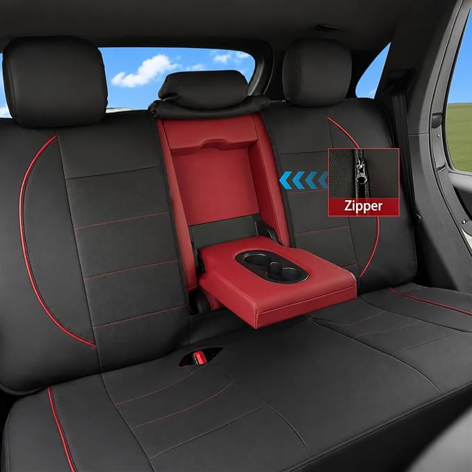 14 PCS Leather Car Seat Covers Full Set, 14.5”-15'' Sporty Steering Wheel Cover Universal, Center Console Cover, Seat Belt Cushion, Cup Holder Coaster, Car Interior Set Red