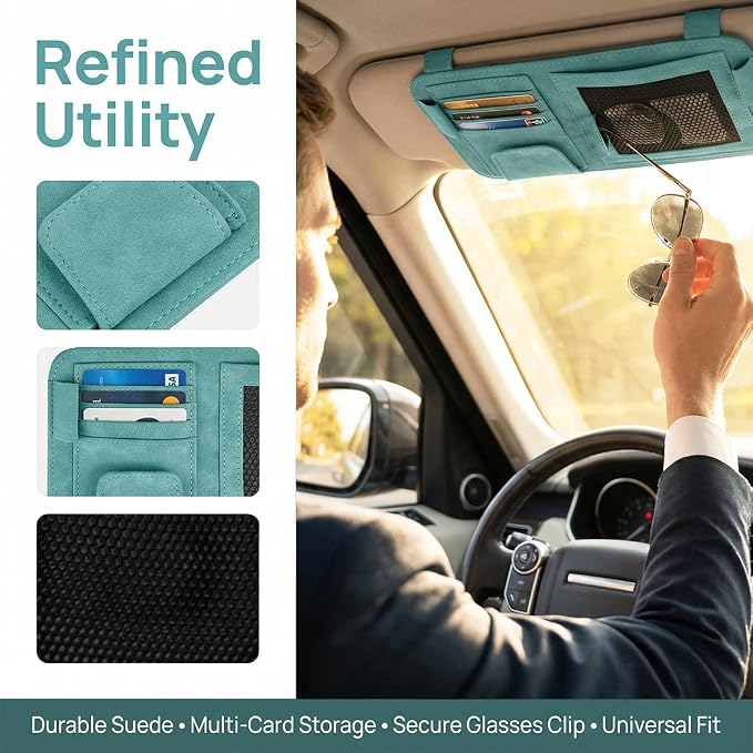 Car Sun Visor Organizer, Multi-Pocket Vehicle Sun Visor Storage Pouch with Sunglasses Clip, Auto Interior Sunshade Eyeglasses Card Holder Organizers, Universal for SUV Sedan Truck (Blue)