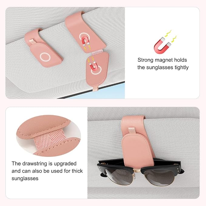 Sunglass Holder for Car Visor, Pink, 2 Packs | Suede Cloth, Magnetic, Organizer for Car Accessories