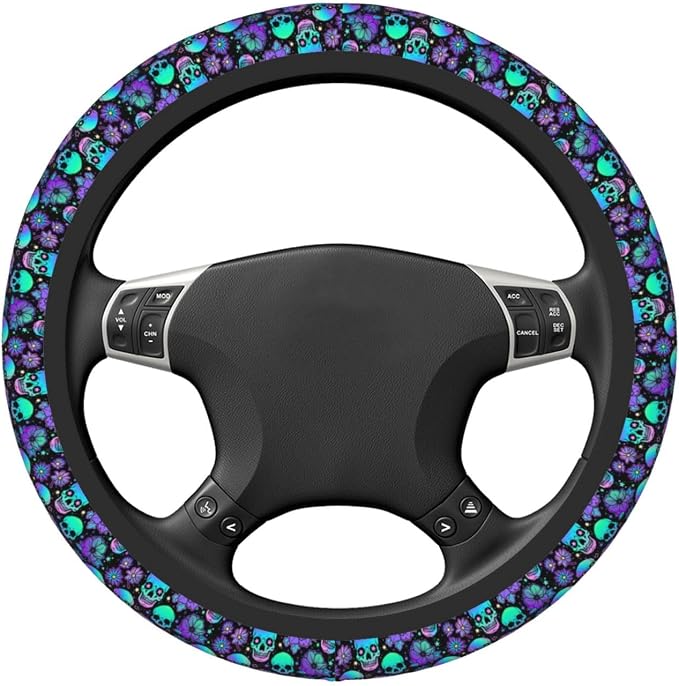 Purple Skull And Flower Auto Car Steering Wheel Cover Universal 15 Inch Neoprene Interior Decor Protection Accessories