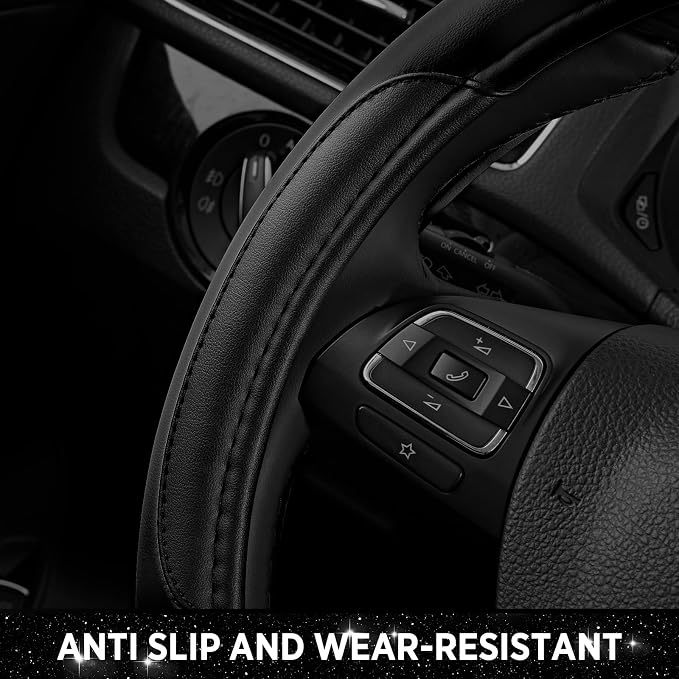 Leather Steering Wheel Cover - Made with PVC Leather - Anti-Slip, Universal Fit 14 1/2 inches to 15 inches - Black
