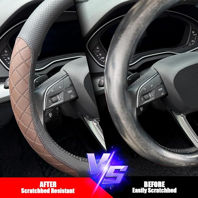 Nappa Leather Steering Wheel Cover,Elegant Diamond Checkered Design, Non-Slip wear-Resistant, Enhance Driving Comfort, Suitable for Steering Wheel Diameter 14 1/2‘-15’ Models.Black Brown