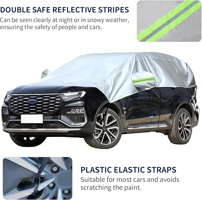 Hrozny Half Car Cover, Car Windshield Cover for Ice and Snow with Reflective Straps, Car Snow Cover Universal Fit for Most Cars (SUV)