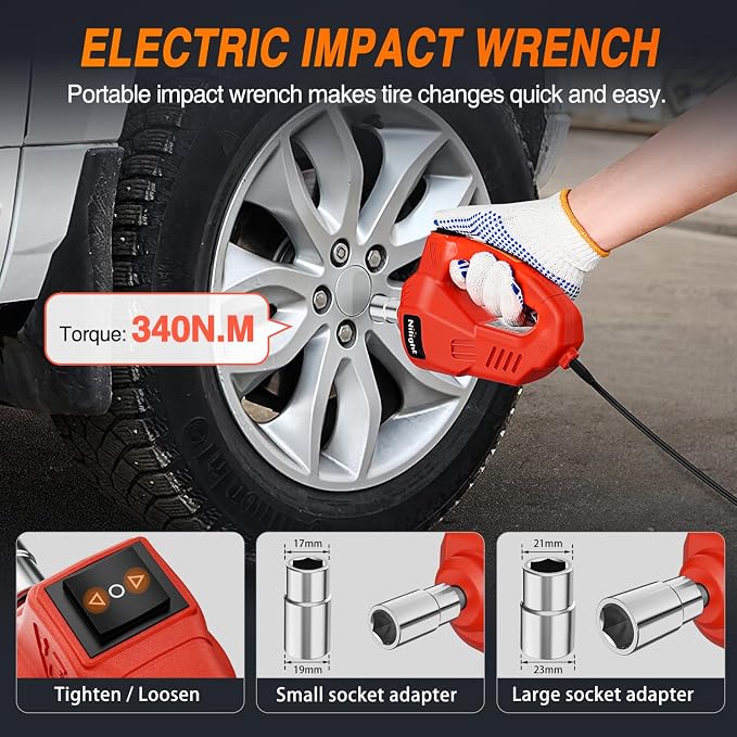 Electric Car Jack Kit 5 Ton 12V Hydraulic Car Jack with Impact Wrench, 3 in 1 Portable Electric Floor Jack with Tire Inflator Pump LED Light for Sedan SUV Truck Change Tire Garage Repair